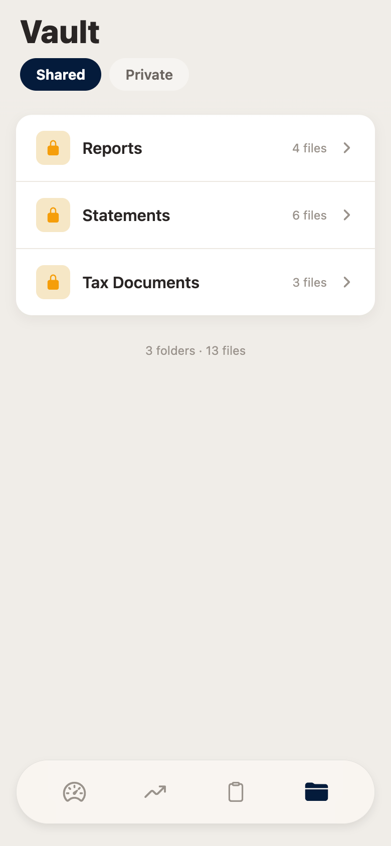 The vault screen showing shared and private tabs, and folders for reports, statements and tax documents with file counts.